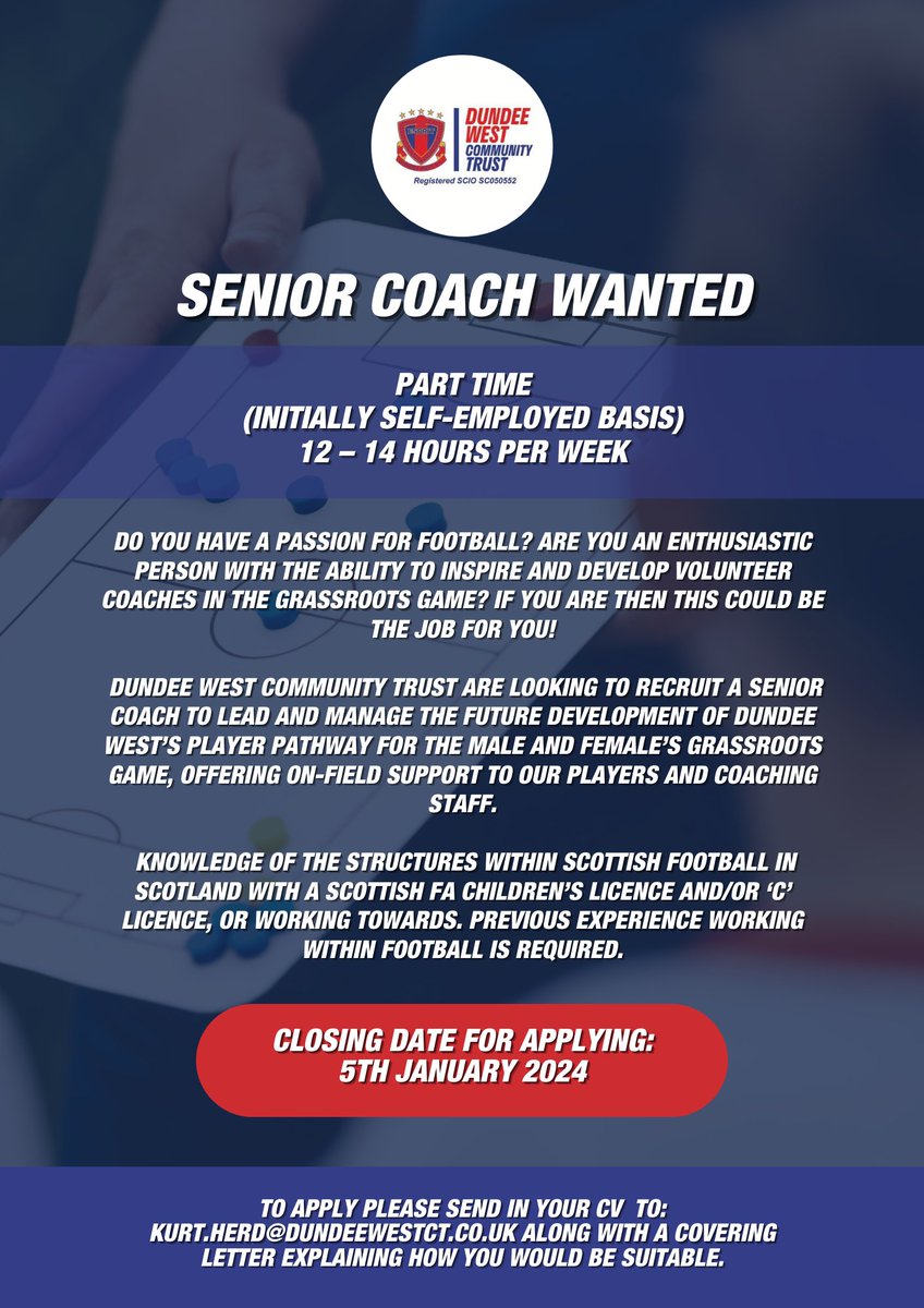 📢 JOB ADVERT 📢

Dundee West are seeking a new senior coach to work with and support our coaches within the clubs boys and girls pathway. 

Any queries and applications to be directed to <a href="/CoachKH1992/">Kurt Herd</a> kurt.herd@dundeewestct.co.uk  ❤️💙