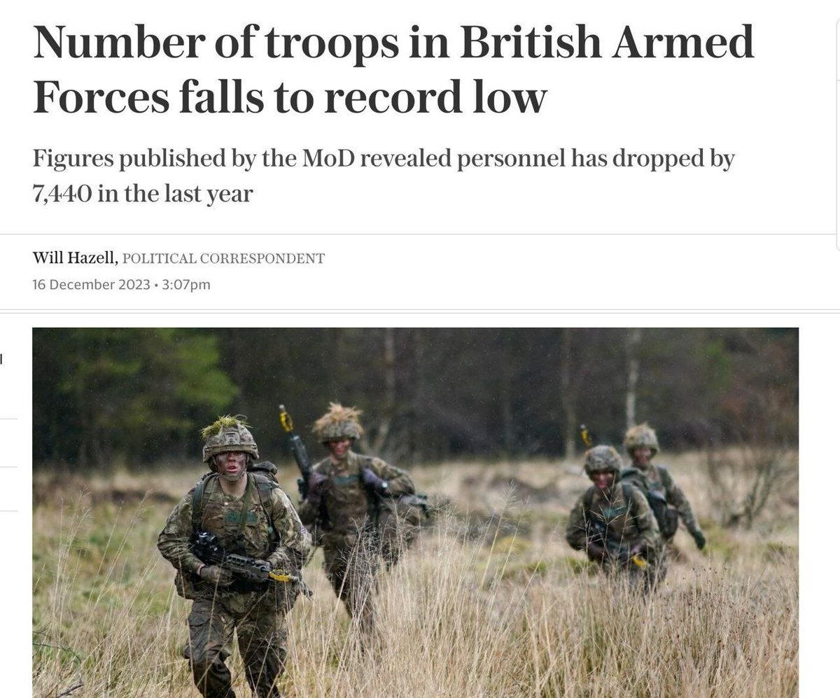 ⚫️ #TheBritishArmy 

The number of members of the British Armed Forces, including all branches and reservists, fell by a further 3.9% to 184,865 this year. Moreover, of these, only 75,983 are regular army soldiers. This is the lowest figure in the last 200 years.