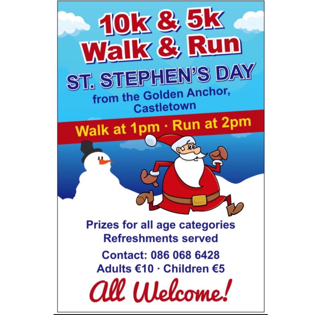 The countdown is on ! 
Join us on St Stephen’s Day for our annual 5km and 10km walk and run . 
Walk at 1pm
Run at 2pm
Adults €10
Children €5
With proceeds going to local charity @TalkToTomIRE