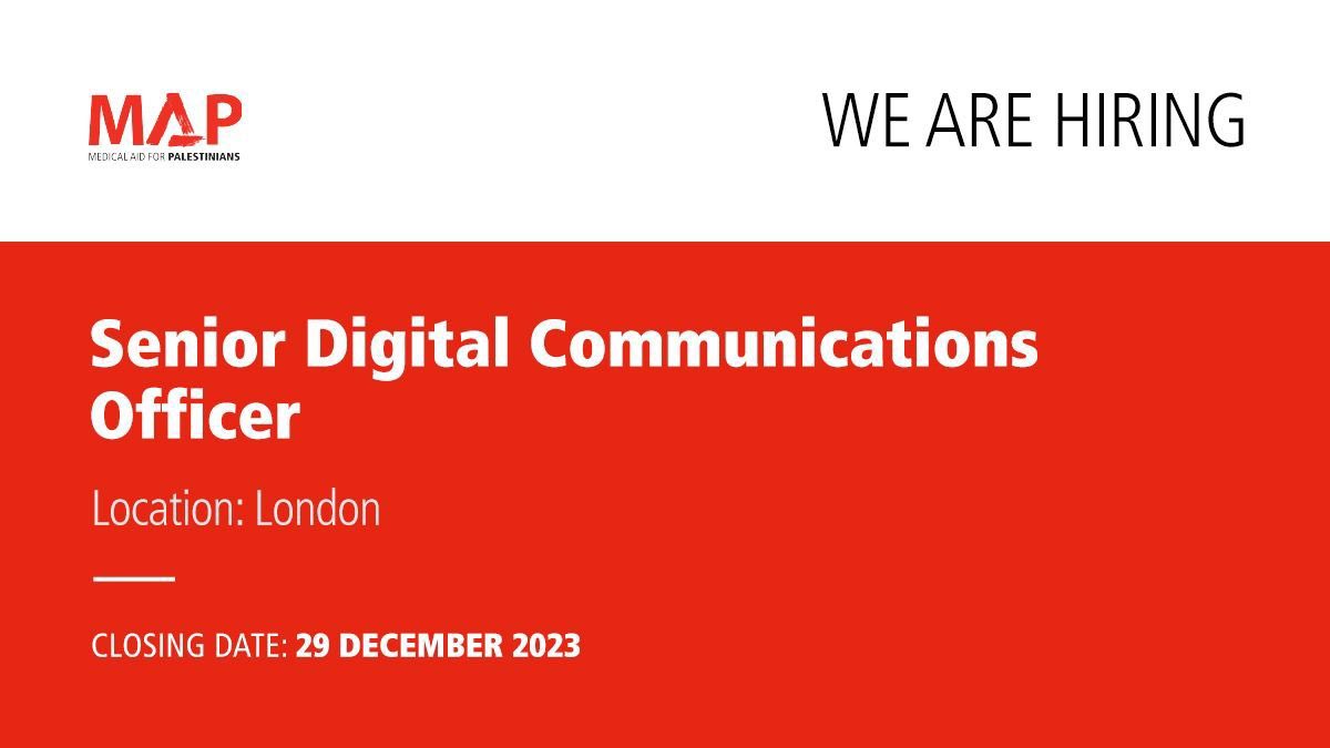 We’re hiring for two important new comms roles at <a href="/MedicalAidPal/">Medical Aid for Palestinians</a> in media and digital.

If you’re an excellent communicator, passionate about #Palestinians’ rights to health and dignity, and want to work for an incredible organisation, apply here: map.org.uk/jobs/london-of…