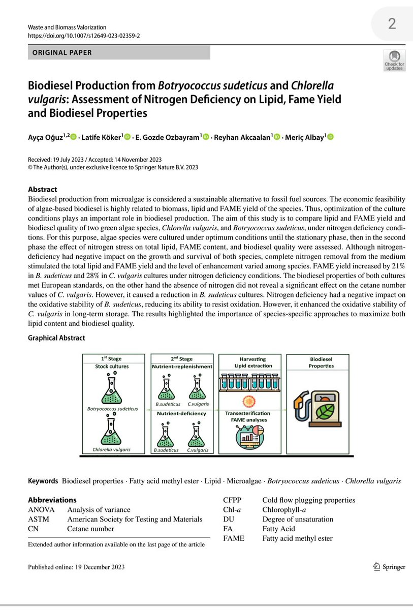 Ayça Oğuz (@aycaoguzcam) on Twitter photo Very happy to share the first article from my Ph.D. :
"Biodiesel Production from Botryococcus sudeticus and Chlorella vulgaris" has just been published online. link.springer.com/article/10.100…
<a href="/MericAlbay/">Meriç Albay</a> <a href="/Akcaalanreyhan/">Reyhan Akçaalan</a> <a href="/lati_koker/">latife demo</a> <a href="/GozdeOzbayram/">Gozde Ozbayram</a> <a href="/aquaticlimnist/">limnist</a> Very happy to share the first article from my Ph.D. :
"Biodiesel Production from Botryococcus sudeticus and Chlorella vulgaris" has just been published online. link.springer.com/article/10.100…
<a href="/MericAlbay/">Meriç Albay</a> <a href="/Akcaalanreyhan/">Reyhan Akçaalan</a> <a href="/lati_koker/">latife demo</a> <a href="/GozdeOzbayram/">Gozde Ozbayram</a> <a href="/aquaticlimnist/">limnist</a>