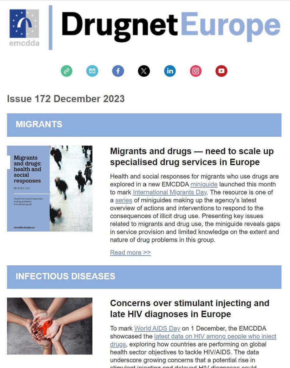 Here comes our last Drugnet Europe news round-up of the year! In this issue: a new EMCDDA miniguide on migrants and drugs; report on drug consumption rooms in Europe, traineeships at the EMCDDA and Season's greetings! mailchi.mp/emcdda/drugnet…