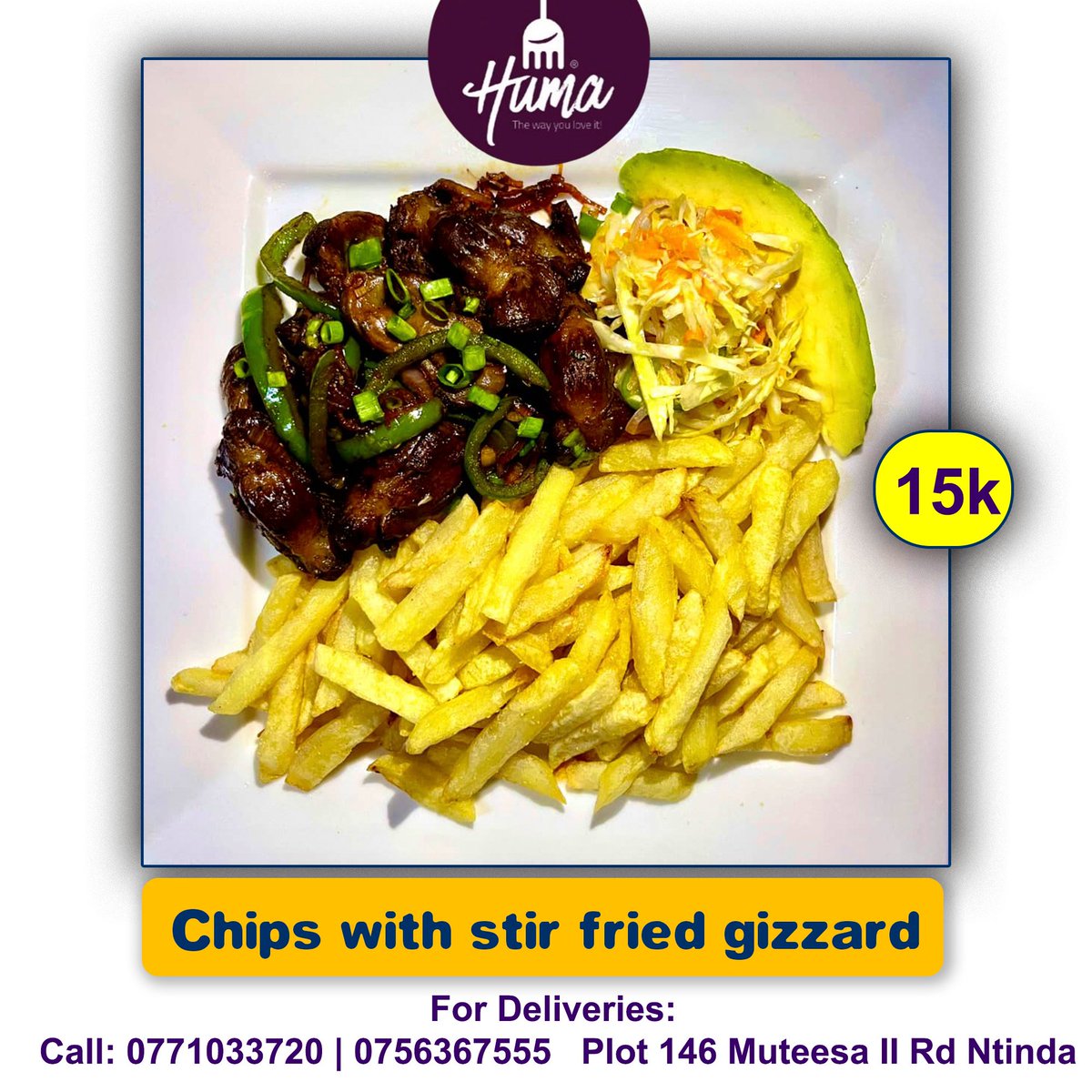 '🍗✨ Want something tasty? Huma Cafe's Wet Fried Gizzard is the answer! Served with posho or fries, it's a delicious treat ready for you at only 15k

Call 0771033720 | 0756367555 and make your day yummy! 🚚
#WetFriedGizzard #DailyDelight #HumaCafe #HumaUg