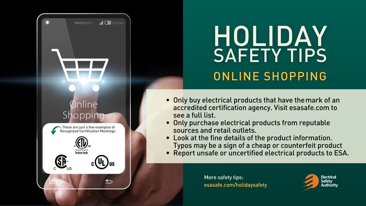 If you’re shopping for electronics this holiday season, look for the approval mark of an accredited Canadian certification agency before you buy! 

For a complete list, visit bit.ly/36CSzZG Home and Safety: Electrical Safety Authority