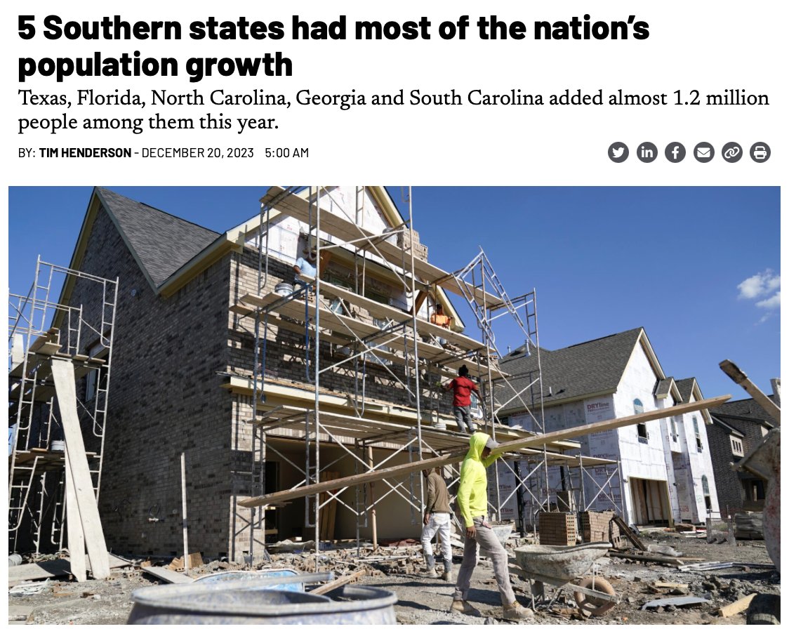 📈 Southern states continued to get the lion’s share of new residents this year as Texas, Florida, North Carolina, Georgia and South Carolina added almost 1.2 million people among them, new Census Bureau estimates show.

The latest from <a href="/TimHendersonSL/">Tim Henderson</a>: stateline.org/2023/12/20/5-s…