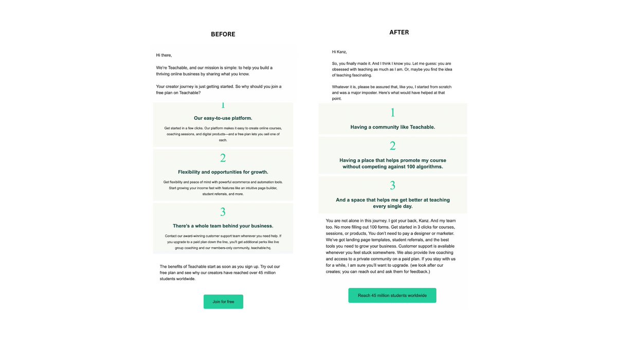 copyteardowns's tweet photo. rewrote this email for @teachable (i love what they do btw)

I felt like the email lacked, 

- a personal voice
- crisp, actionable copy
- a solid CTA

rewrote the copy based on what would have persuaded me to create a course faster. thoughts?

#copywriting #emails #emailcopy https://t.co/d8oJZo5hW7