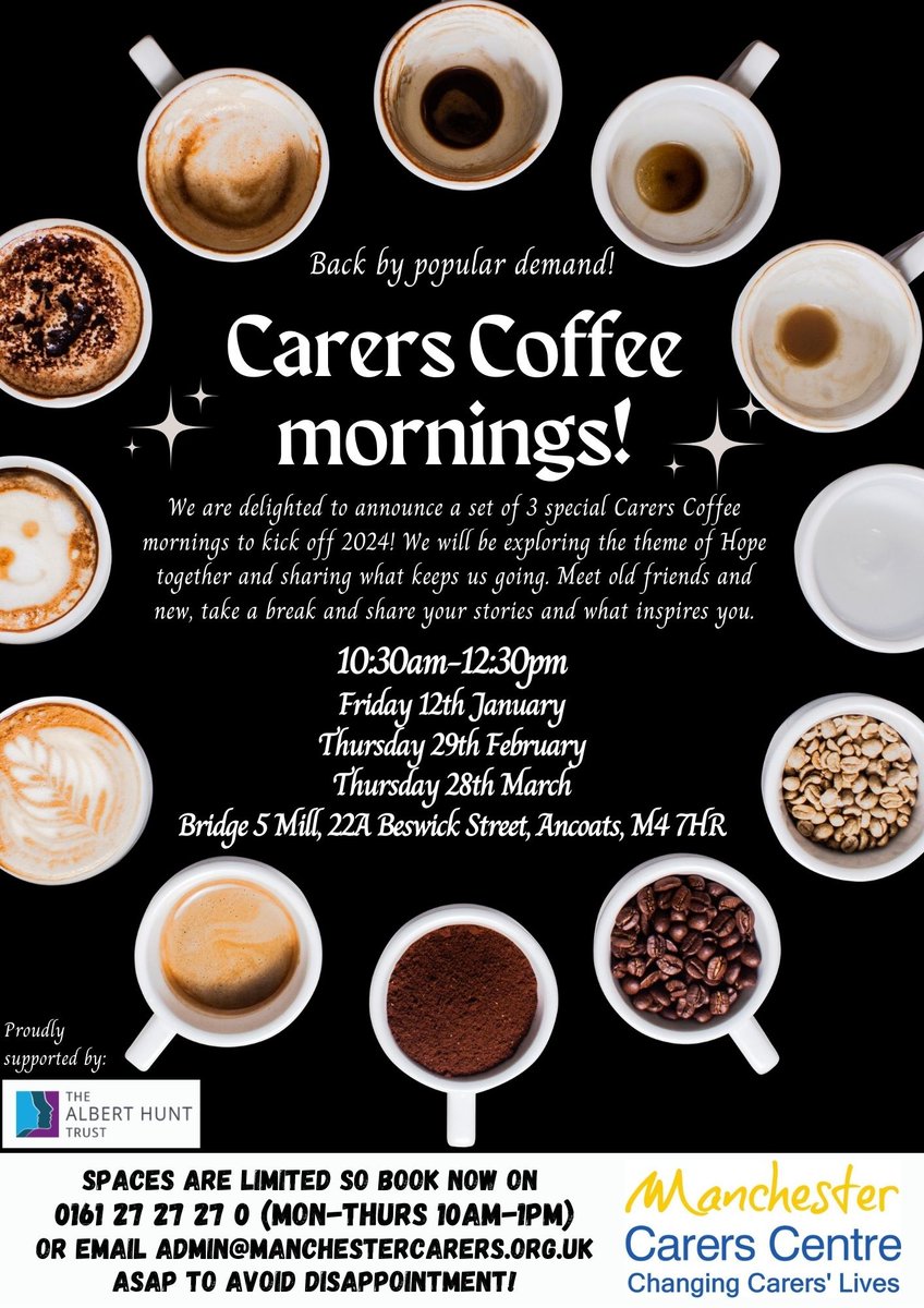 We are delighted to announce the return of our special Carers Coffee mornings, to kick off 2024! ☕ We will be exploring the theme of 'hope' together, connecting with others, enjoying an element of crafts and taking a break 💟 See the poster for dates! Please get in touch 😁
