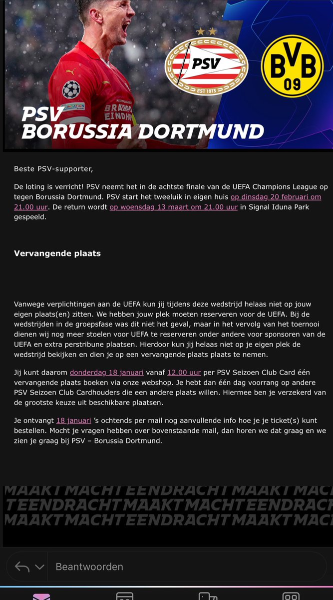 Teleurstellende mail van PSV kaartverkoop, m’n eigen plek ineens voor de rest van het Champions League niet meer beschikbaar?!  Heb ik wel wat vragen over…