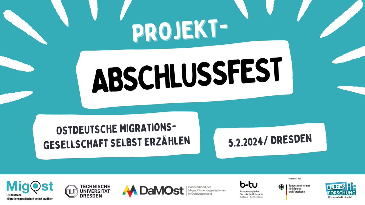 Save the date: #MigOst lädt ein zum Projekt-Abschlussfest in #Dreden! Ein letztes Mal 'Ostdeutsche Migrationsgeschichte selbst erzählen'
Mehr Infos: damost.de/aktuelles/migo… 
@GSW_TUDresden <a href="/BTU_CS/">BTU Cottbus-Senftenberg</a> @damost_ev @schauspielDD <a href="/AnisHamdoun/">Anis Hamdoun   بيروت</a>