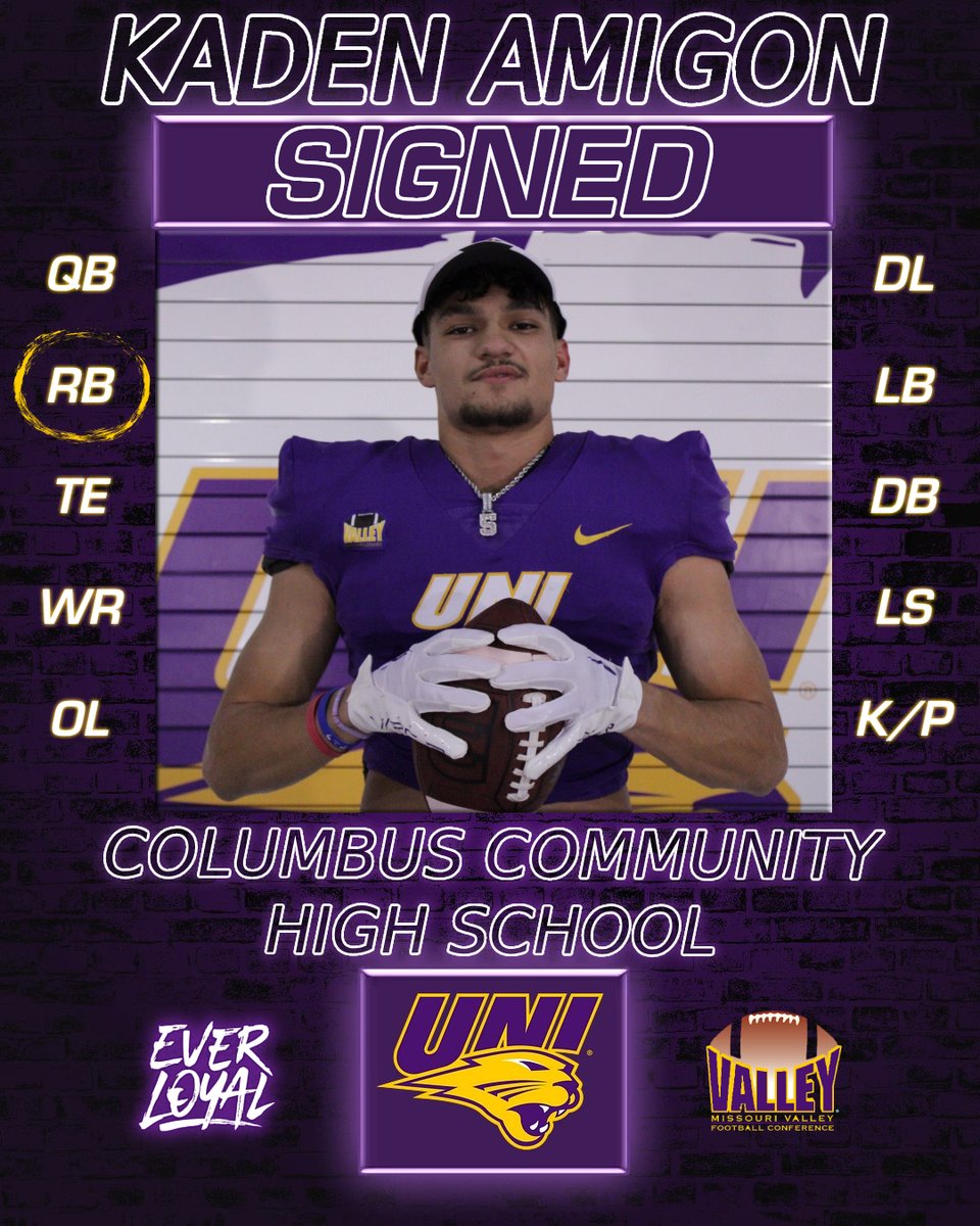 UNI Football (@unifootball) on Twitter photo Kaden Amigon
RB, Columbus Community High School
Senior Year Accolades
- Des Moines Register A All-State
- IFCA / IPSWA A 1st Team All-State
Welcome to the family <a href="/AmigonKaden/">Kaden Amigon</a>!
#EverLoyal #1UNI #Signed Kaden Amigon
RB, Columbus Community High School
Senior Year Accolades
- Des Moines Register A All-State
- IFCA / IPSWA A 1st Team All-State
Welcome to the family <a href="/AmigonKaden/">Kaden Amigon</a>!
#EverLoyal #1UNI #Signed