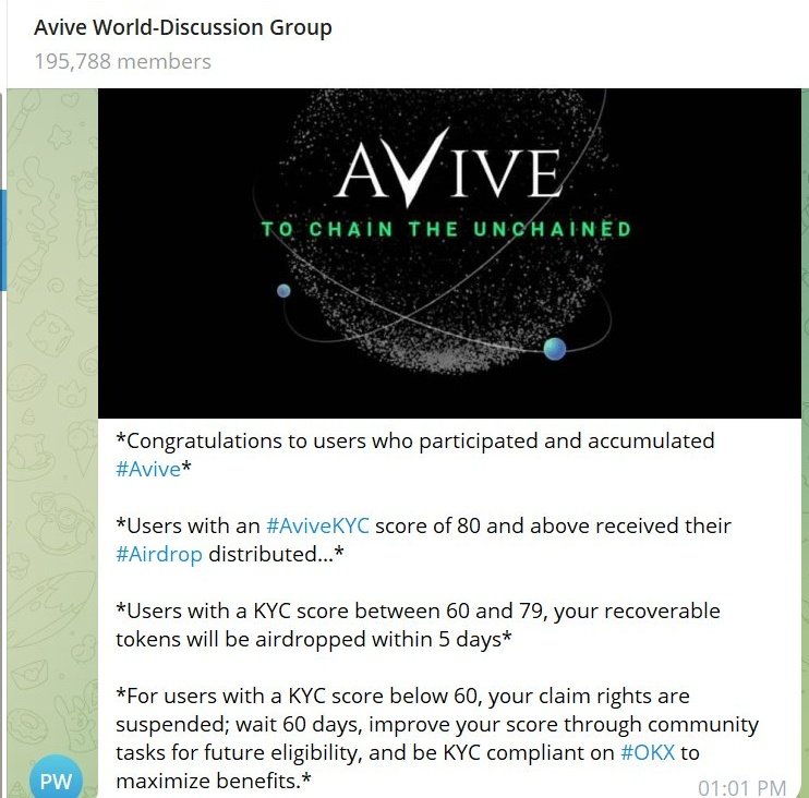souravkashyap53's tweet photo. 🚀🚀🚀 Congratulations to User who Participated and Accumulated Avive
Miners with a #AviveKYC score between 60 and 79, your recoverable tokens will receive in 5 days
#Avive #AviveWorld #AviveTestnet #AviveCitizens #AviveKYC #AviveProfile https://t.co/3ZziDk8yG0