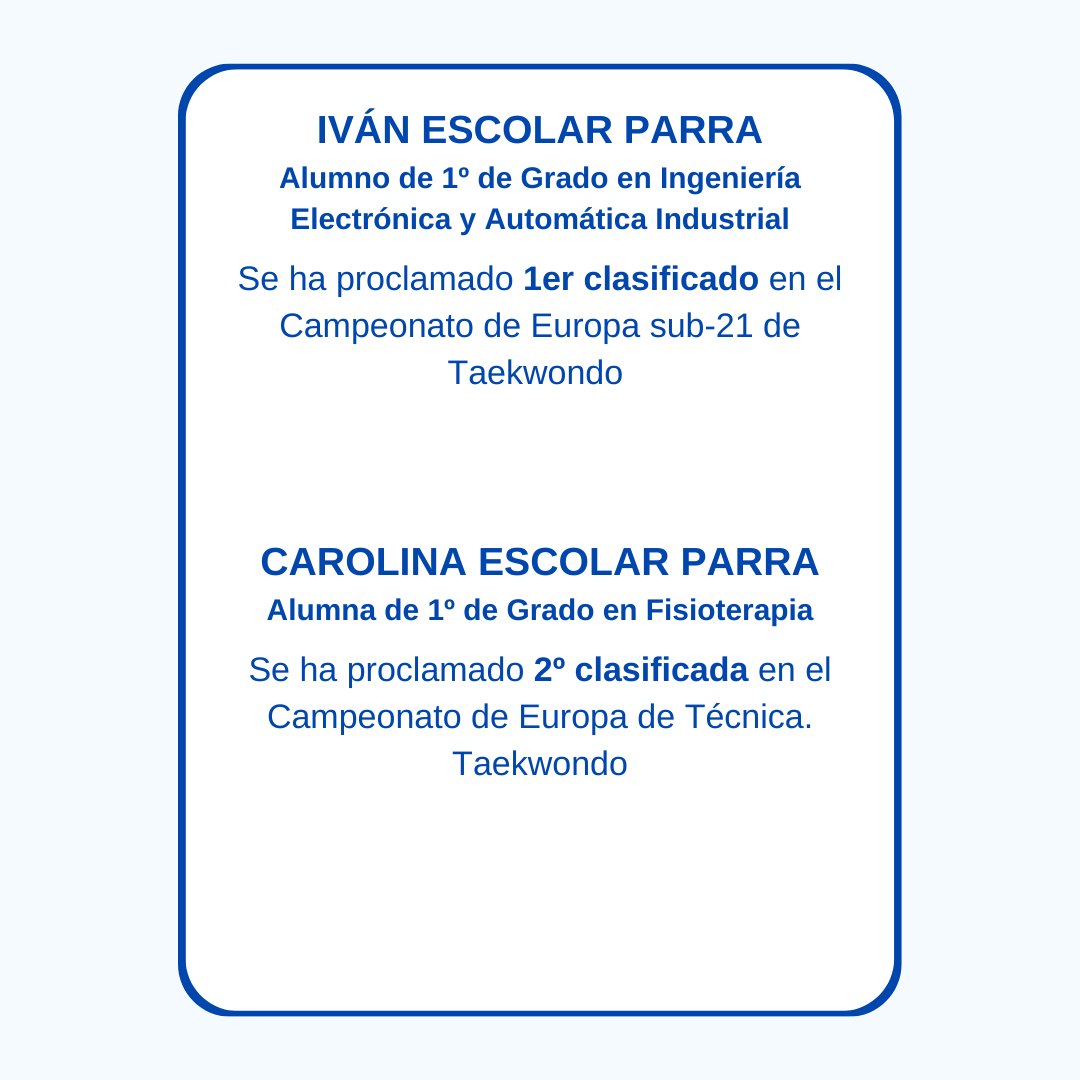 Nuestra compañera Carolina Escolar Parra y nuestro compañero Iván Escolar Parra, han conseguido la medalla de PLATA y ORO en el campeonato de Europa Sub-21 de Taekwondo. ¡ENHORABUENA Carolina e Iván! 🥇🥈 #deportesUAH #CampeonatoEuropaSub21Taekwondo @UAHes