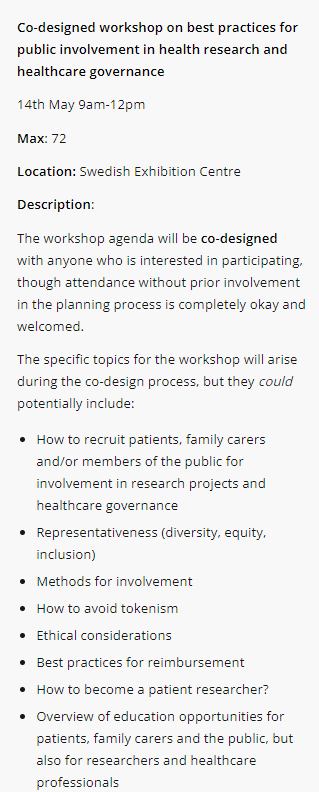 janerle2002's tweet photo. Join our pre-conf. workshop on best practices for #PublicInvolvement in health research & healthcare governance at #GCPCC on 14th May 2024, 9am-12pm in Gothenburg, Sweden:
https://t.co/jH6lbvDoNK
#PatientInvolvement #PPI #PatientEngagement #PatientEmpowerment
@SaraRiggare https://t.co/qGErdeubJ4