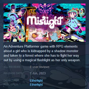 EtherlightMx's tweet photo. We're so close to reaching 10 reviews for an overall rating on Steam!
If you are interested in Mislight or played it already please leave a review, it would help us out a bunch 💖
#indiegame https://t.co/oBX5A0KX9E