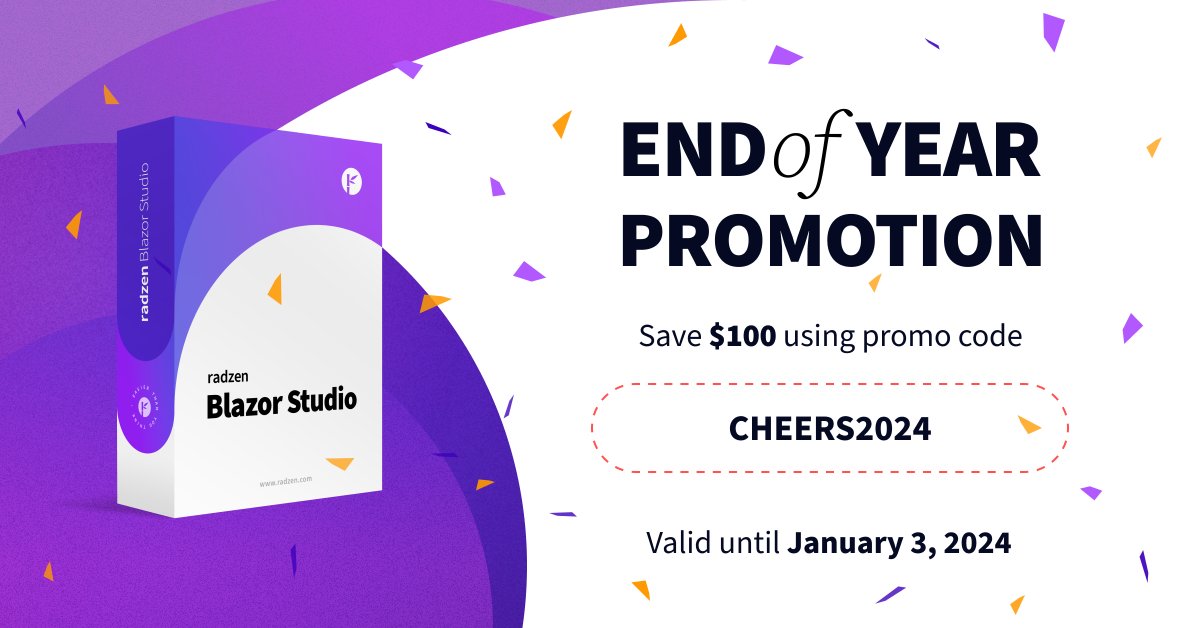 Celebrate a successful year with us! Save $100 on Radzen Blazor Studio using promo code CHEERS2024 at checkout. Cheers to a fantastic 2024! 🎉

🎁 radzen.com/blazor-studio/

#radzen #blazor #dotnet #dotnet8
