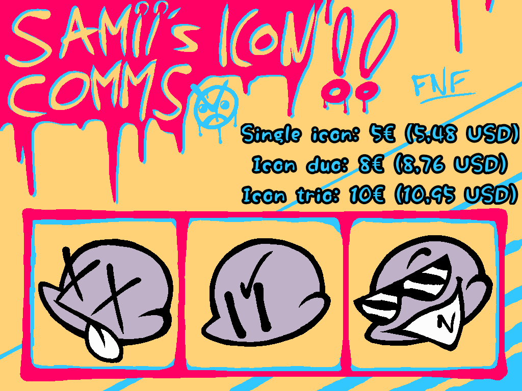 Samii_Songs's tweet photo. COMMISSIONS are NOW OPEN! ✨ #customwork #commisionedwork #commisioner #commisionart #commissionsopen #artistoftiktok #artistatiktok #art #artist #fnf #fnfmod #fnfmods #fnficons https://t.co/mnGm7T1Znh