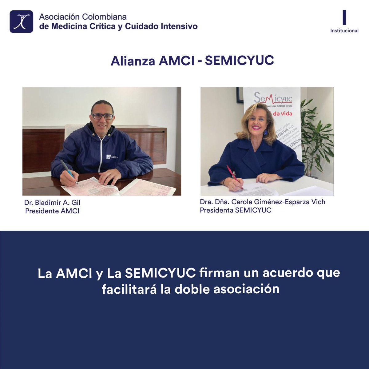 La AMCI y La <a href="/semicyuc/">SEMICYUC</a> han firmado un acuerdo de colaboración que permitirá a los miembros de cada una de las dos sociedades científicas el poder inscribirse en la segunda, disfrutando de todas las ventajas de formar parte de ambas.
amci.org.co/la-amci-y-la-s…