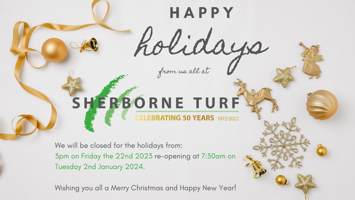 SherborneTurf's tweet photo. We are closed from 3pm on Friday the 22nd of December, open again at 7:30am on Tuesday the 2nd of January.
Please note, last orders for turf are tomorrow - Thursday the 21st of December at 8am.
Wishing everyone a Merry Christmas!
#MerryChristmas #Christmas #Sherborneturf https://t.co/JYSTNTZSBQ