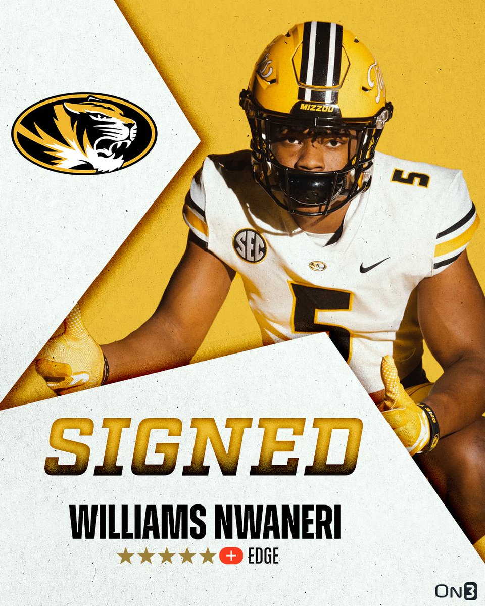 Rivals's tweet photo. Five-Star Plus+ EDGE and On3 No. 1 overall recruit Williams Nwaneri has signed with Missouri🐯

https://t.co/z131ocF8Y3 https://t.co/S2sMeH25C9