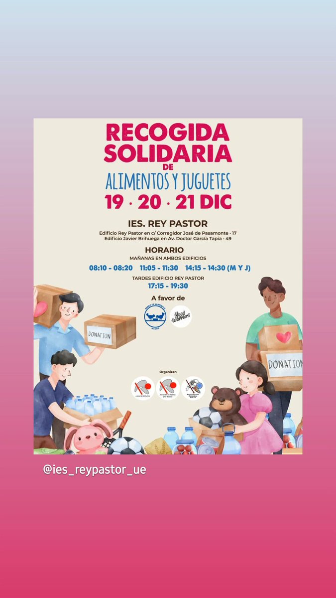 ampa_rey's tweet photo. Seguimos de recogida de ALIMENTOS y JUGUETES
El barrio necesita de nuestra solidaridad https://t.co/LINfJlKda0