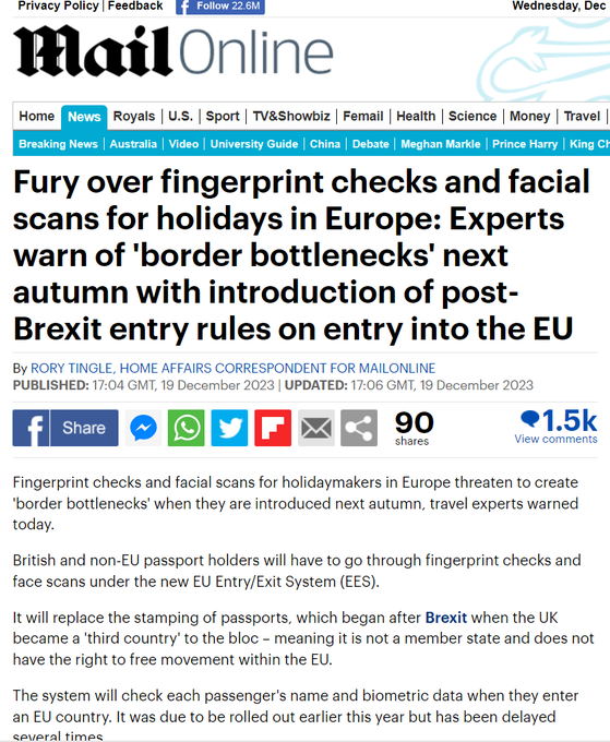 Why 'fury'? Did the UK not support these measures which apply to third-country nationals when it was an EU member? The UK by its own choice is now a third country. What's the problem with applying a law you voted for?