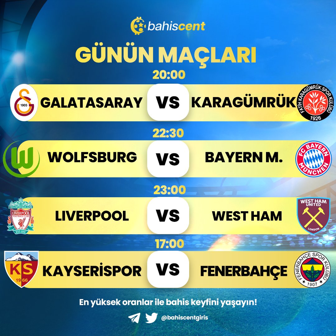 ⚽️BahisCent günün maçlarını sunar: 💎En yüksek oranlar ile bahis keyfini BahisCent'de yaşayın! Güncel giriş 💻📲 t2m.io/cent #bahis #bonus #slot #iddaa #freebet