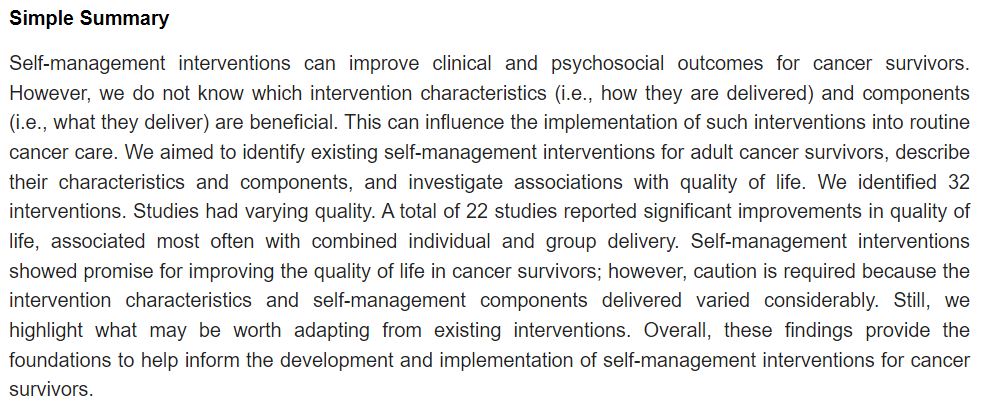 New #openaccess publication in Cancers: 'Characteristics and Components of Self-Management Interventions for Improving Quality of Life in Cancer Survivors: A #SystematicReview' feat @TumiSotire & @FionaBeyer: shorturl.at/ltBI1 #cancer #qualityoflife #OA RT