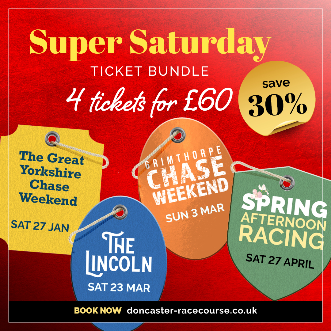 Save 30% on our unmissable Super Saturday ticket bundle offer... 🤑 Get 4 tickets for just £60 for a selection of our feature days in 2024 including... ✨ Great Yorkshire Chase 🐴 Grimthorpe Chase ⭐ Lincoln Handicap 🏇 Spring Afternoon Learn more 👉 brnw.ch/21wFtC8