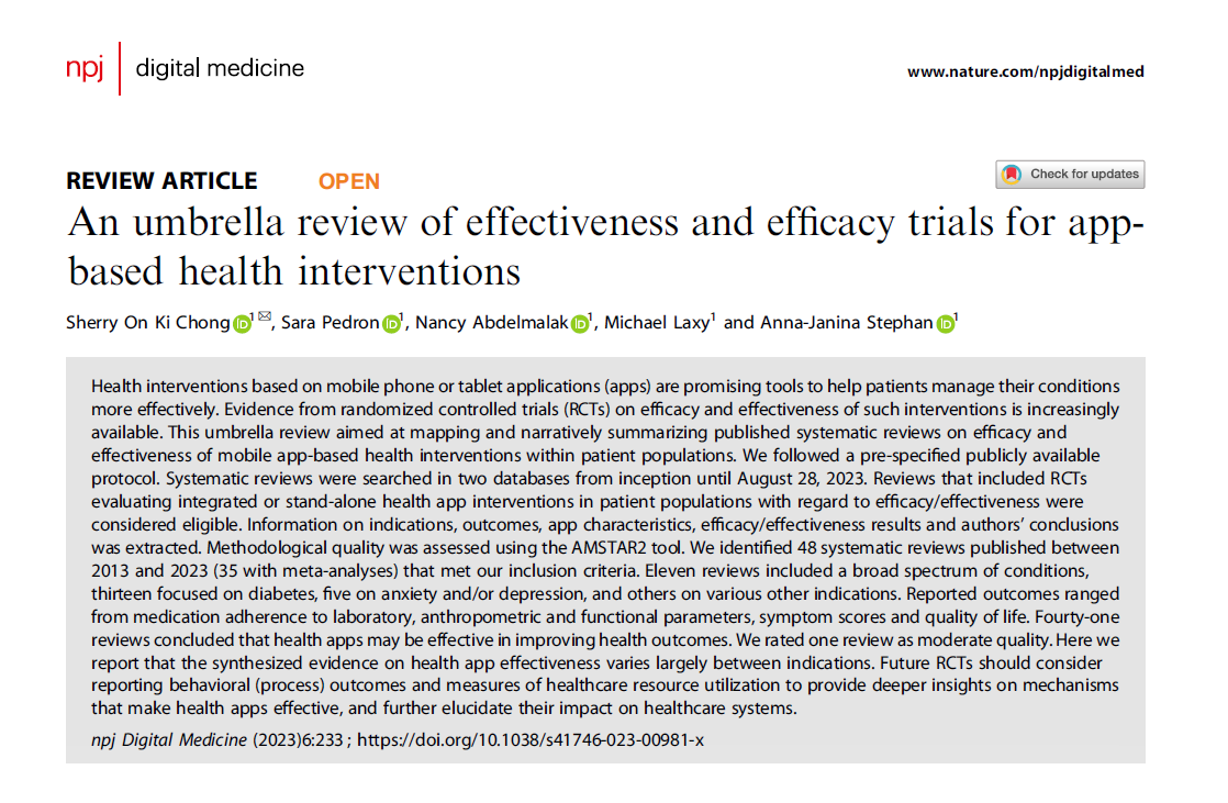 This umbrella review summarizes 48 #systematicreviews on effectiveness of app-based health interventions within patient populations published from 2013-23. 

Find out how skewed the evidence is towards some indications & where quality remains suboptimal:

nature.com/articles/s4174…