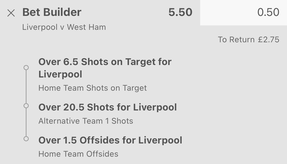 TheTipHippo's tweet image. 🏆Liverpool vs West Ham #LIVWHU 
✅Bet Builders (See photos)
📈2.1, 5.5
💵2.5u, 0.5u

-This main bet has landed in 10/12 Liverpool Home games this season

-Shots 11/12

-SOTs 11/12

-Offsides 11/12

-In the recent H2H they had 22 shots, 7 SOTs and 2 offsides

#freetip #gamblingX