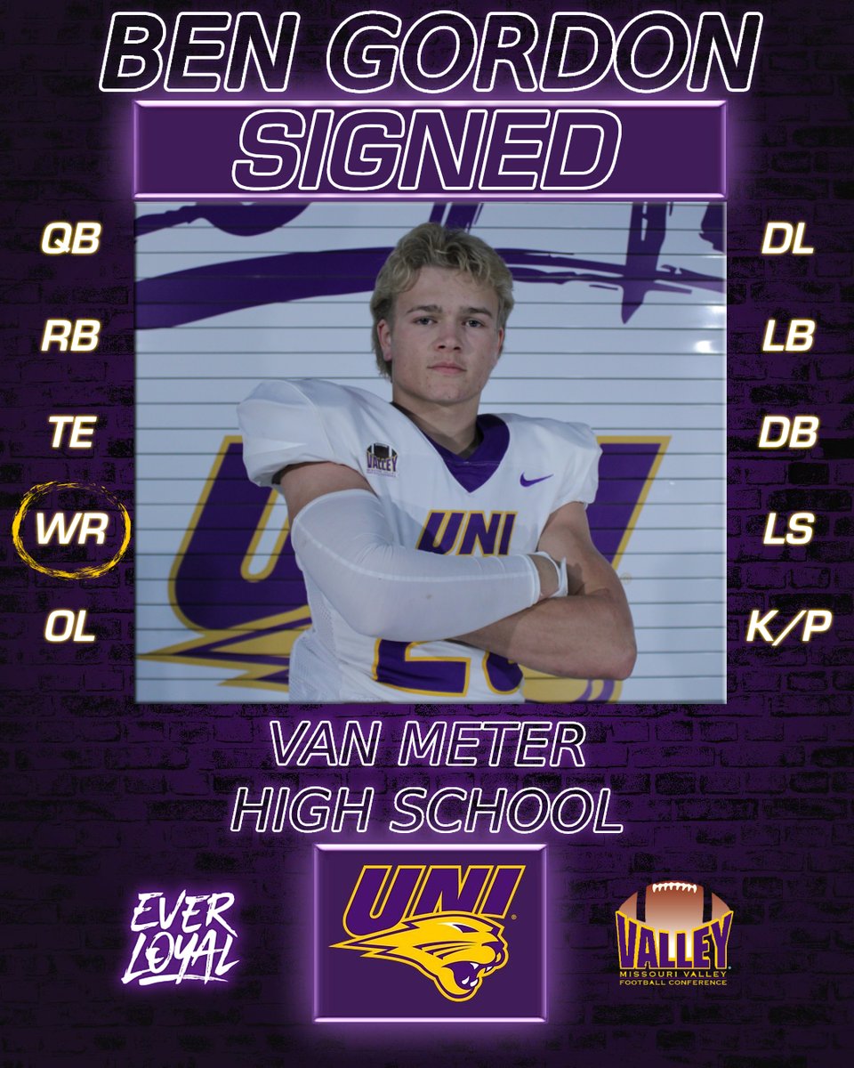 Ben Gordon WR, Van Meter High School (IA) Senior Year Accolades - Des Moines Register All-State Elite Team - Finished 2nd in Iowa in all-purpose yards Welcome to the family @BenGordon26! #EverLoyal #1UNI #Signed