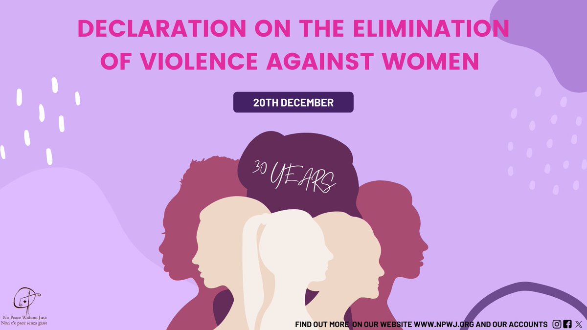 Today, NPWJ celebrates the 30th anniversary of the Declaration on the Elimination of Violence Against Women. Violence against women, in all forms and manifestations, must stop inmediately. #WomensRightsAreHumanRights #Equality #stopviolenceagainstwomen