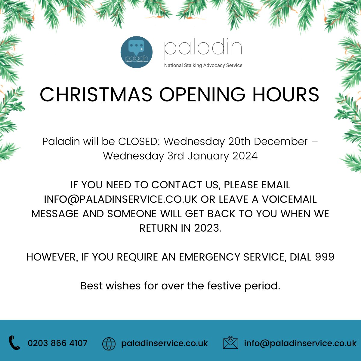 Paladin will be closed: Wednesday 20th December - Wednesday 3rd January 2024 Best wishes for the festive period🎄❄️⛄️ #stalkingawareness #stalking #advocacy