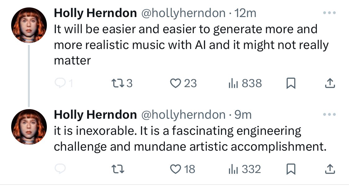 I think I understand @hollyherndon’s point here and share the intuition that artists will rise above - but combined with distribution dominated by streaming I’m not sure how we will be heard above the din of profitable AI mediocrity