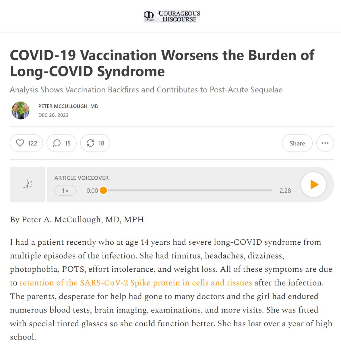 P_McCulloughMD's tweet photo. In my practice, the most severe cases of long-COVID are in vaccinated patients who also had severe and or multiple episodes of SARS-CoV-2 infection.  For sure, vaccination is NOT a treatment for long-COVID.  Subscribe to #courageousdiscourse https://t.co/zoQWPQioaL https://t.co/oEQpjFFlAO