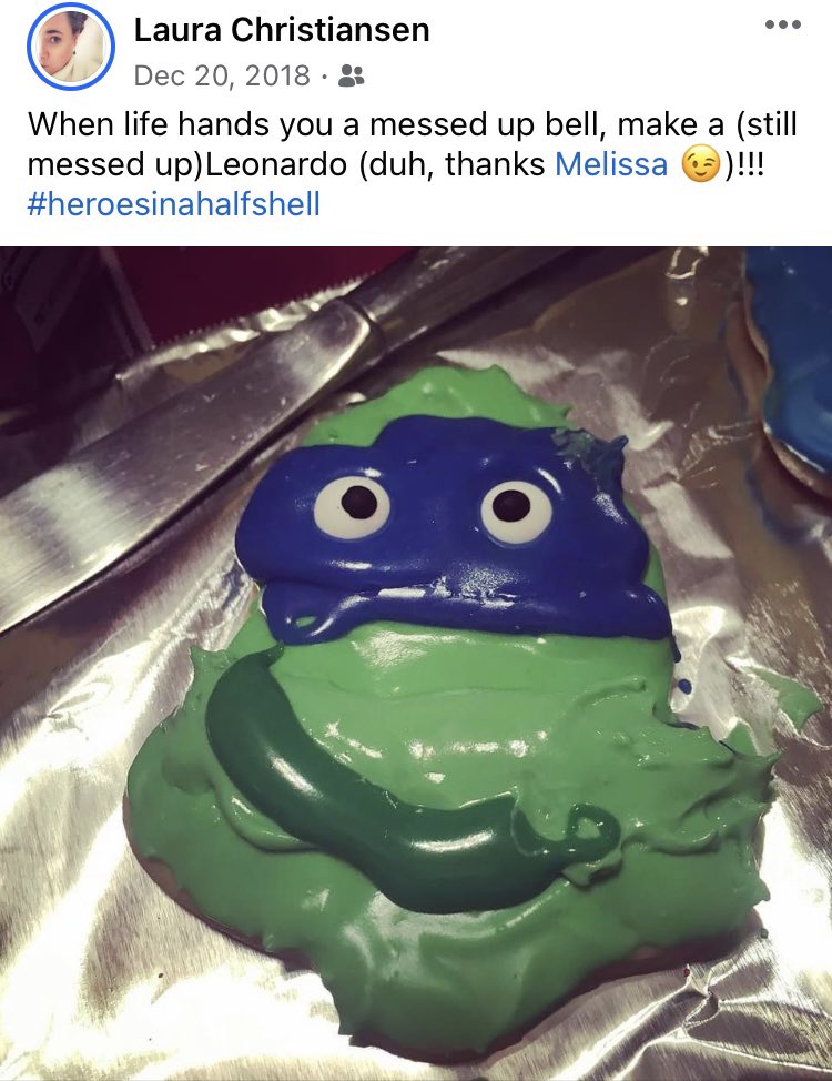 That time I messed up a bell shaped Christmas cookie and turned it into Leonardo from TMNT. #solutionfocused
