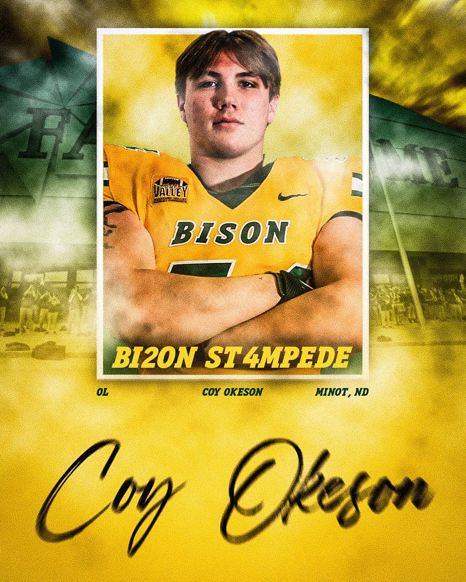 Coy Okeson, a 6-4, 281 offensive lineman from Bishop Ryan High School in Minot, North Dakota, has signed with the Bison! 🤘 #BI2ONST4MPEDE #NSD24 🦬