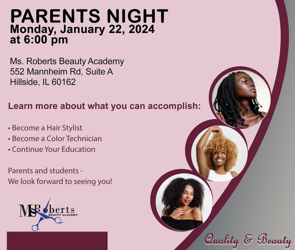 Please consider attending this upcoming open house at Ms. Roberts Beauty Academy on Monday, January 22nd, at 6:00 pm. This is a great way to learn about the advantages of this cosmetology program. #CTE #leydenpride