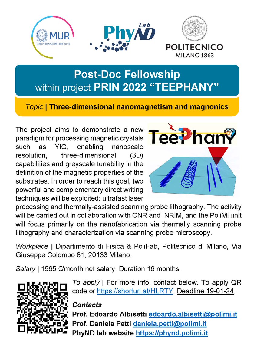 Hi everyone! 📣We have 2 Open #PostDoc positions 📣 on Nanostructured Quantum Materials &amp; Three-dimensional magnetism in our <a href="/PhyndLab/">PhyndLab</a>. If interested and want to know more, check the flyers below or phynd.polimi.it. Deadline for applications is the 19th of January.