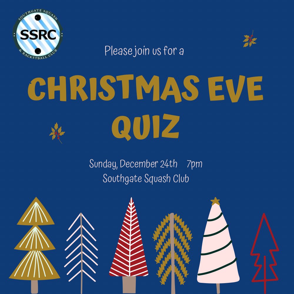 Join us for our annual Christmas Eve quiz!
Everyone welcome, not just members! 

#southgatesquash #southgatesports #southgate #quiz