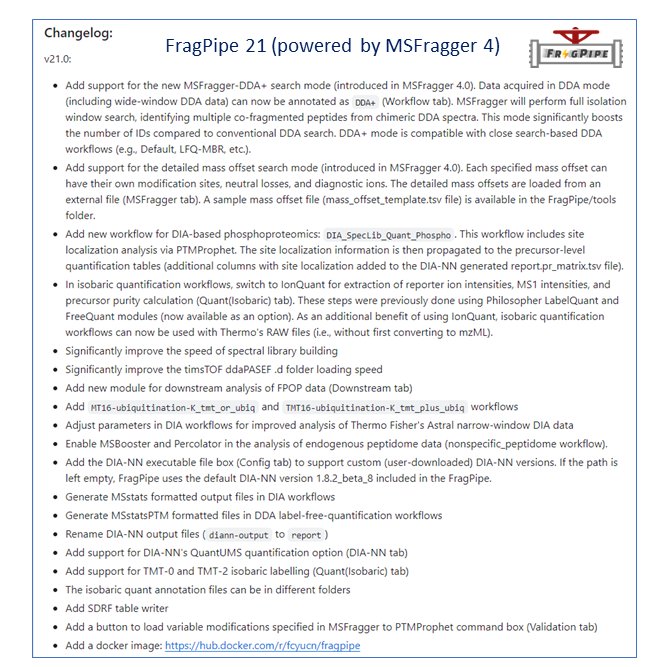#FragPipe 21 release, powered by MSFragger 4.  New DDA+ mode (chimeric/full isolation window search). Detailed mass offset mode for advanced PTM/chemoproteomics searches. Astral tuning. PTM site localization in DIA reports. Improved support for MSStats FragPipe-Analyst, and more!