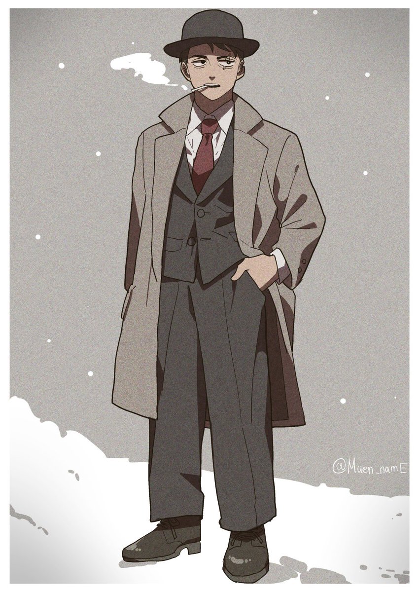 1boy male focus solo necktie hat smoking cigarette  illustration images