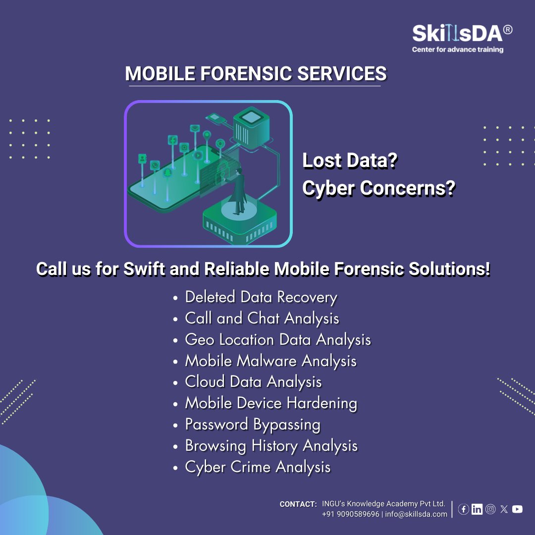skillsda's tweet photo. 🔍Lost data? Cyber concerns? 
🔒 Services we offer:
✨ Data Recovery
✨ Cybersecurity Analysis
✨ Forensic Investigation
Don't let data loss or cyber concerns stress you out! Contact us today for a secure and reliable solution.
https://t.co/G23XWixAb7 | Mobile: +91 9090589696 https://t.co/N4pTo89fBB