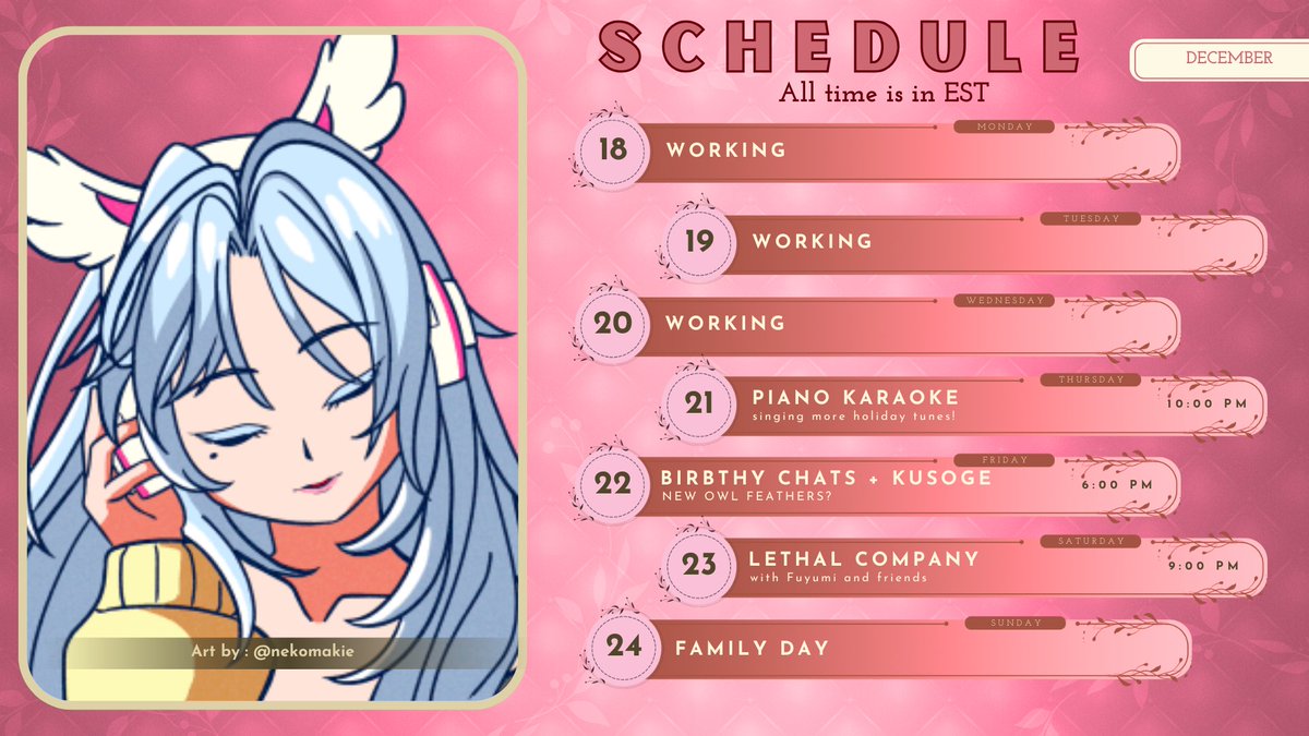 owlthy's tweet photo. 🎅 SCHEDULE FOR DEC 18 - 24 🎅
=𝗧𝗔𝗚𝗦=
𝗣𝗿𝗲𝗱𝗲𝗯𝘂𝘁: #predehoot
𝗚𝗲𝗻𝗲𝗿𝗮𝗹: #pillowls
𝗔𝗿𝘁: #athyART || 𝗥𝟭𝟴: #lewdthy
𝗦𝘁𝗿𝗲𝗮𝗺𝘀: #athyLIVE || 𝗠𝘂𝘀𝗶𝗰: #athyTUNES
𝗖𝗹𝗶𝗽𝘀: #athyCLIPS
YT Channel ▶️https://t.co/HO7LHCU9fp https://t.co/b0IfxTNpdw