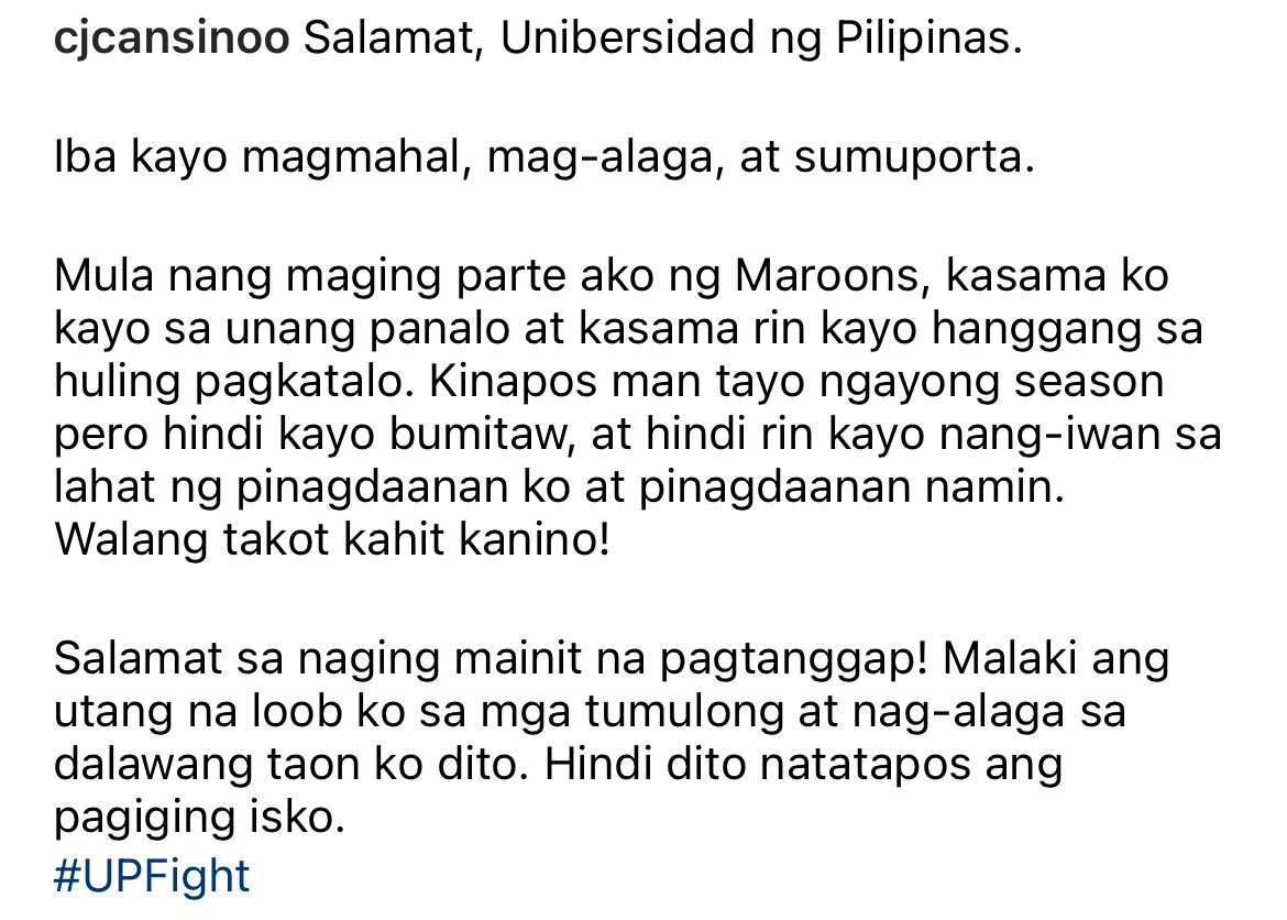 “Hindi dito natatapos ang pagiging Isko” Maraming salamat kap, @cjcansino! ✊🏼❤️💚 #UPFight 📸 CJ’s Instagram post