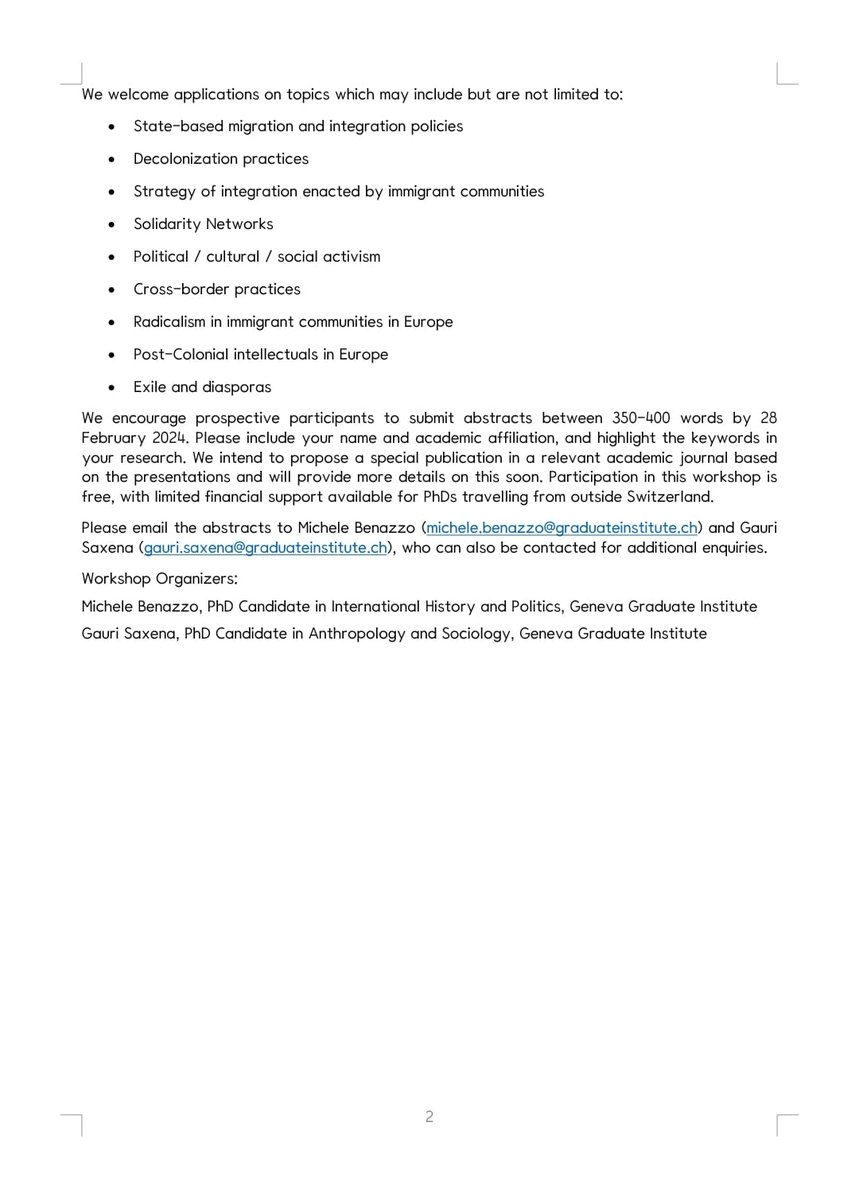 Anthropology and Sociology (@gvagrad_anso) on Twitter photo Call for Papers : The 4th Pierre du Bois Doctoral Workshop titled 'Minorities and the Making of Postcolonial Europe'.
#cfp2024
T
he workshop will be held on 6-7th May 2024 at the Graduate Institute <a href="/anthropogaurfic/">Gauri Saxena</a> <a href="/GVAGrad/">Geneva Graduate Institute</a> <a href="/GVAGrad_IntHist/">Geneva Graduate Institute Inter History & Politics</a> Call for Papers : The 4th Pierre du Bois Doctoral Workshop titled 'Minorities and the Making of Postcolonial Europe'.
#cfp2024
T
he workshop will be held on 6-7th May 2024 at the Graduate Institute <a href="/anthropogaurfic/">Gauri Saxena</a> <a href="/GVAGrad/">Geneva Graduate Institute</a> <a href="/GVAGrad_IntHist/">Geneva Graduate Institute Inter History & Politics</a>