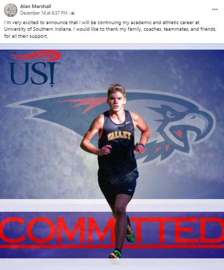 Congrats to senior Alan Marshall for continuing his running career with Mike Hilyard at the University of Southern Indiana in Evansville.