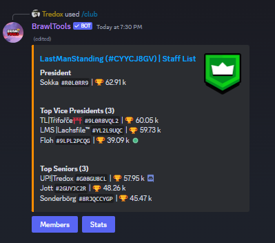 #2 Club Statistics:  

Connect your Discord Member with Brawltools and check out your Club Statistics, Members, and the Staff of your favorite Brawl Stars Club! You can even see if they are verified on your Discord Server, so you can keep track of them at all times. #BrawlStars