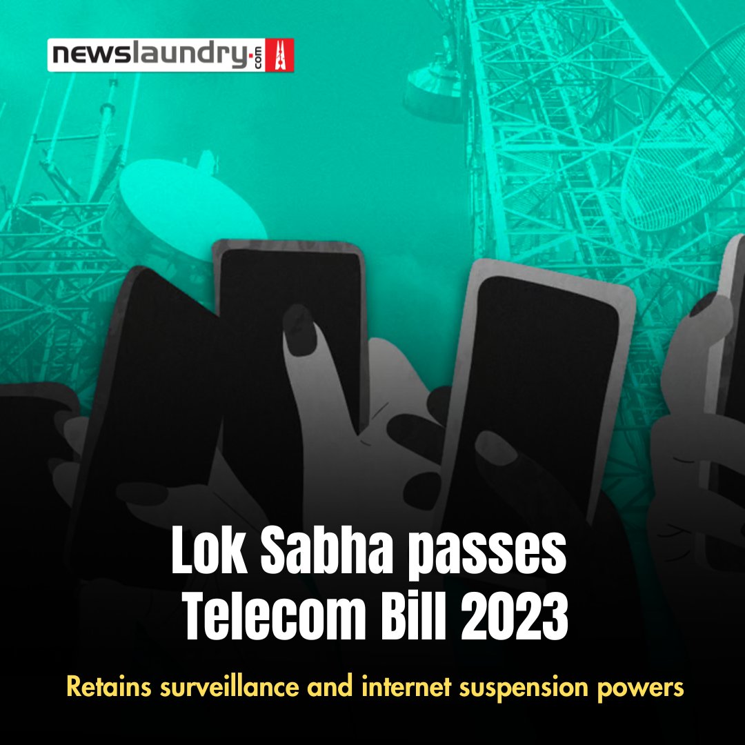 newslaundry's tweet photo. The #LokSabha passed the #TelecomBill2023 today.

The bill will replace the Indian Telegraph Act (1885), the Indian Wireless Telegraphy Act (1933), and the 1950 Telegraph Wires (Unlawful Possession) Act. It will also amend the TRAI Act (1997) without diluting the regulator’s powers.