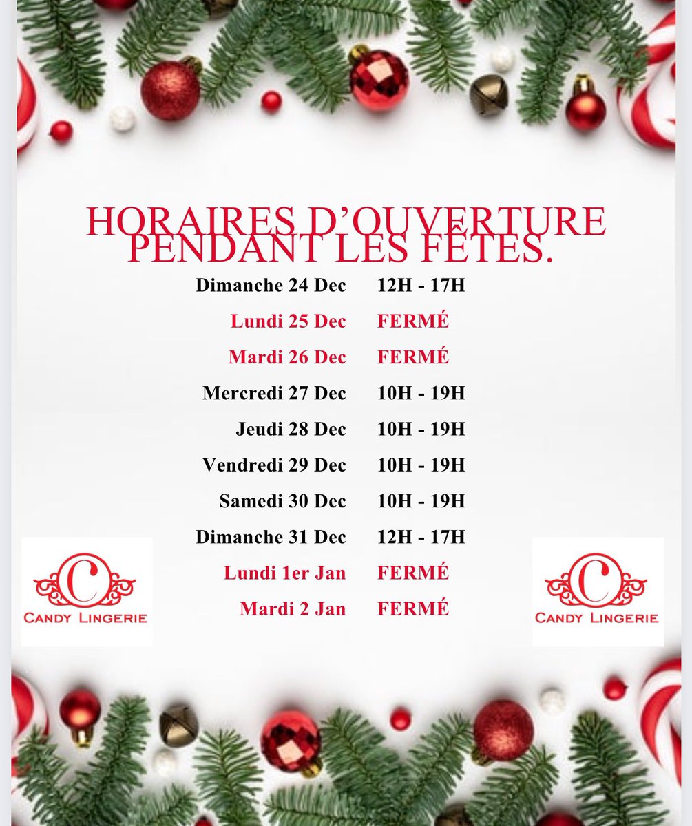 CANDYLingerie's tweet photo. Hello, Candies !❤️

Nos horaires d’ouverture pendant la période festive. 

Merci &amp; au plaisir de vous accueillir chez CANDY Lingerie. 

Joyeuses Fêtes ! #CandyLingerie https://t.co/IpbDiNlHmK